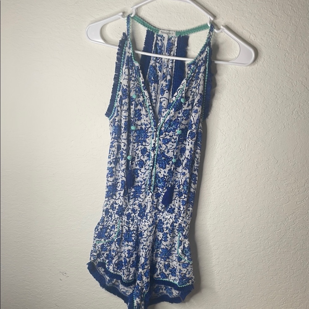 Preloved Poupette St Barth white/ blue romper with tassels size XS
